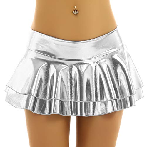 Zaldita Falda de mujer brillante y metálica, falda con pliegues en A, con slip oculto, plata, XL