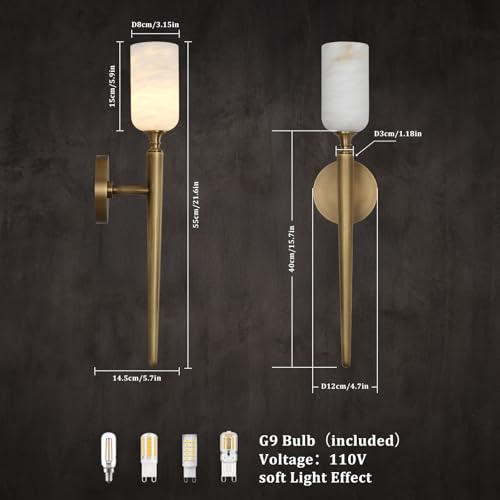 Image of Alabaster Wall Sconces Set of Two, 22in Modern Spanish Natural Marble Bathroom Vanity Sconces, Brass Alabaster Sconce Wall Lighting, Gold Wall Light Fixtures Decor for Bedroom Living Room Staircases
