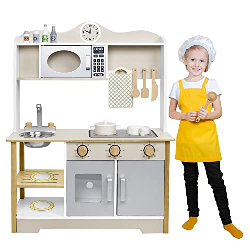 YRHome Kinderküche Holzküche Spielküche 68x26x78cm für Kinder Küchenzeile Zubehör Spielset mit 2 Kochstellen,Spüle,Wasserhahn, Mikrowelle Kinder Spielzeug für Mädchen und Jungen Küchenspielzeug