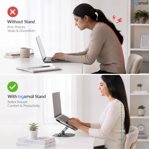 Image of Bigsmall Adjustable Foldable Laptop Stand with Magnetic Phone Holder - Anti-Slip Aluminium Alloy Stand for Laptop, Tablet & Mobile (4-16 Inch Compatible, Portable & Lightweight) (Grey Pack of 1)