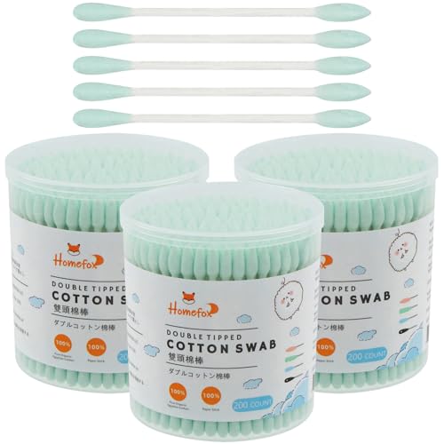Image of Green Cotton Swabs Precision Pointed - 600 Count Pointy Organic Cotton Buds Double Side Tightly Wrapped Cotton Tips Paper Stick Soft Gentle Lint-Free Cruelty-Free, Pointy & Round (Green)