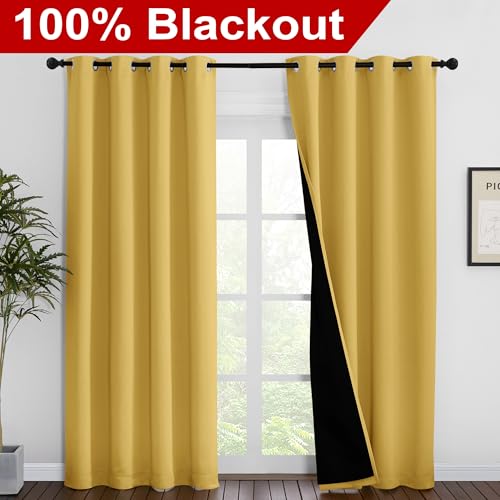 Image of NICETOWN Bright Yellow Full Shade Curtain Panels, Pair of Energy Smart & Noise Blocking Out Blackout Drapes for Dining Room Window, Thermal Insulated Guest Room Lined Window Dressing, 55 x 86 inch