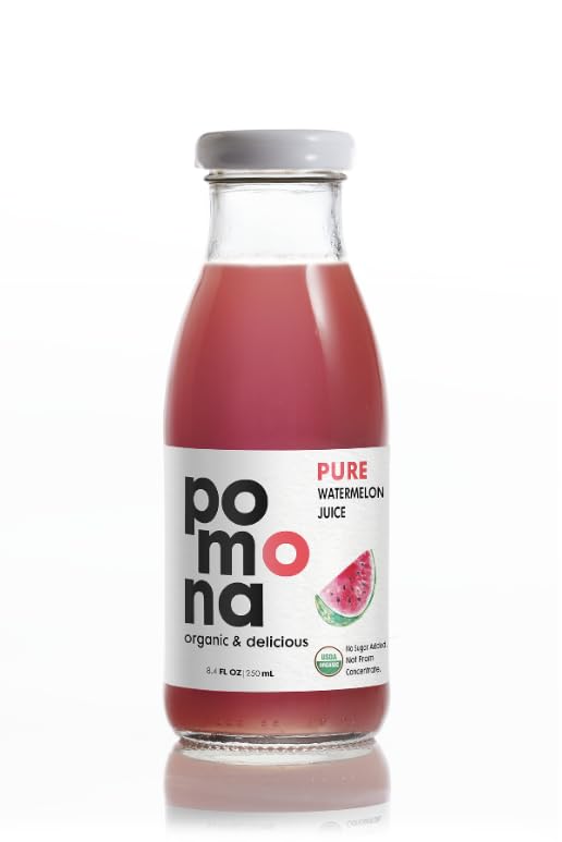 Image of Pomona Organic Juices Pure Watermelon Juice, Cold Pressed Organic Juice, Non-GMO, No Sugar Added, Not from Concentrate, Gluten Free, Kosher Certified, Preservative Free, 8.4 Ounce (Pack of 12)