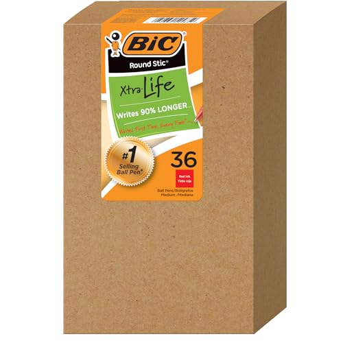 Image of BIC Round Stic Xtra Life Ballpoint Pen, Medium Point (1.0mm) -- Pack of 36 Red Pens