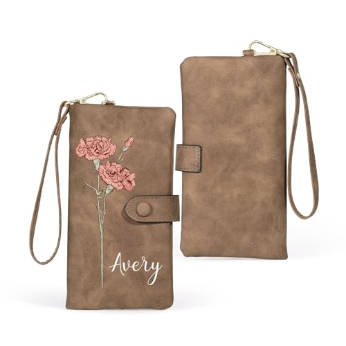 Personalized Wallet for Women – Custom Birth Flower & Name Engraved Leather Wristlet, Mother's Day Gifts for Mom