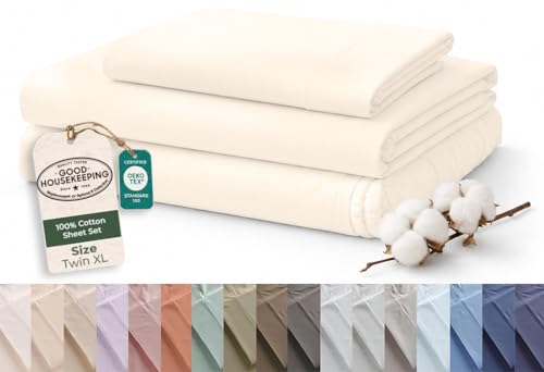 Image of ROYALE LINENS 100% Organic Cotton Twin XL Sheet Set - 16 inch Deep Pocket Bed Sheets - Cream Bed Sheets - Sabanas Twin XL - 1 Flat, 1 Fitted & 1 Pillowcases - Cream Sheet Set - Cotton Bedding Sets