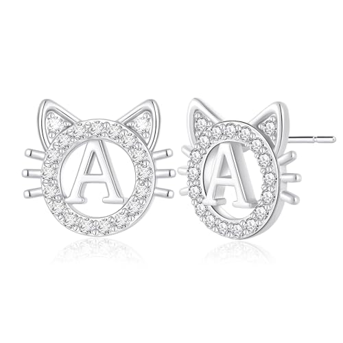Fezodo Cat Earrings Gifts for Women Girls Lovers, Hypoallergenic Silver Plated CZ Initial A Stud Earrings Teen Girl Gift Trendy Cute Funny Cat Lovers Gifts for 5 6 7 8 9 10 Year Old Girls Jewelry