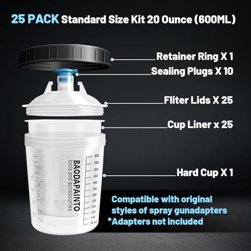 Image of Disposable Spray Gun Paint Cup, Paint Mixing Cups System, 20 Ouncez (600ml) Kit, 25 Cups and Lids System, 1 Hard Cup, 1 Collar with 10 Plugs, for HVLP and LVLP Paint Spray Gun