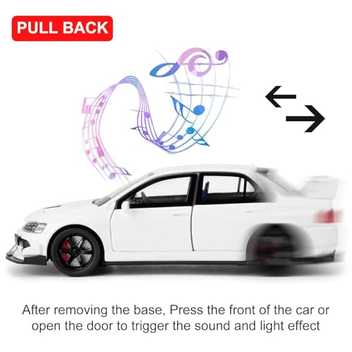 Image of FEXXA Toy Car Compatible for 1:32 Mitsu bishi Lancer Evolution Model, Pull Back Diecast Collectible Car with Sounds & Lights for Kids Boys Girls and Adults, Gift (White)