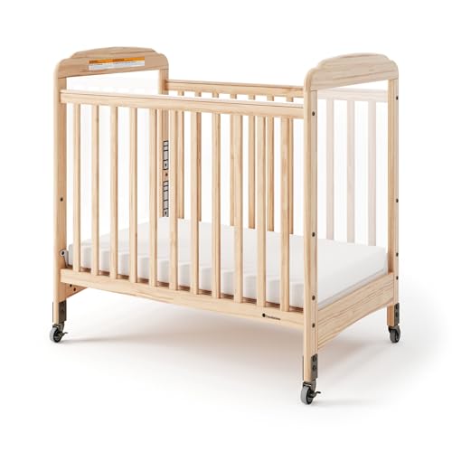 Image of Foundations Serenity Compact Clearview Daycare Crib, Fixed Side, Durable Wood Construction, Adjustable Mattress Board, Clear End Panels. Includes 3” InfaPure Foam Mattress (Natural)
