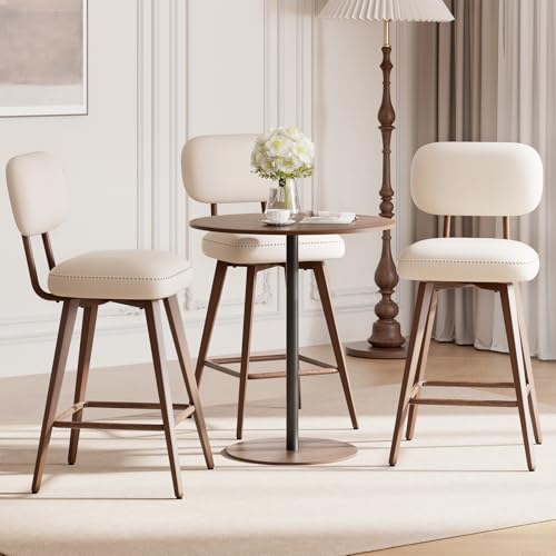 Image of MALOL 26 inch PU Leather Swivel Bar Stools Set of 3, Mid Century Counter Height Bar Chairs with Low Back and Metal Legs, Modern Bar Stool Chair for Kitchen Island, Beige
