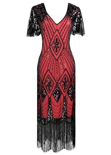 Women's 1920s Gatsby Inspired Sequin Beads Long Fringe, Black&red, Size X-Large