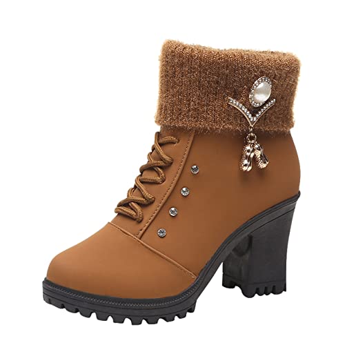 USYFAKGH Work Boots for Women Platform Boots Backpacking Boot Womens Shoes Fashion Casual Mid-high-Heeled Water Brick and Hairy Boots Thick-Heeled Leather Shoes Yellow