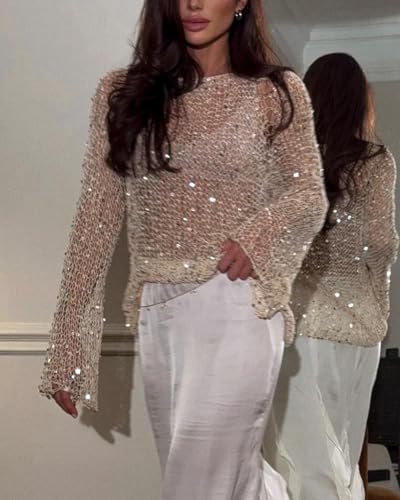 Women Sexy Sequin Crochet Sheer Mesh See Through Pullover Tops Shiny Long Sleeve Hollow Out Fishnet Knit Shirt3