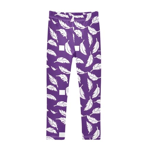 senya Girls Printed Leggings Yoga Pants Purple White Feathers Pattern for Kids in 4t to 10 Years, 4T
