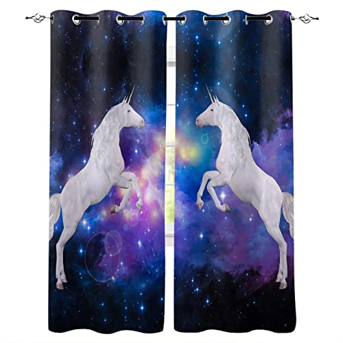Purple Starry Sky Animal White Unicorn Blackout Curtains, 3D Printing Window Curtain, 2 Panel Decor Grommet Curtains For Bedroom Living Room Home Decor (54" W X 39" L) #TOP11