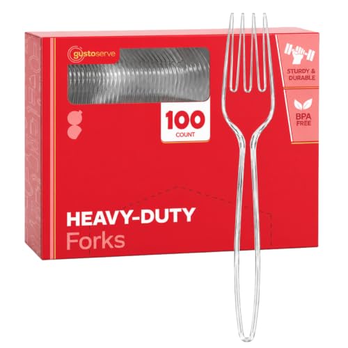 GUSTO Heavy Duty Disposable Clear Plastic Forks [100 Count]