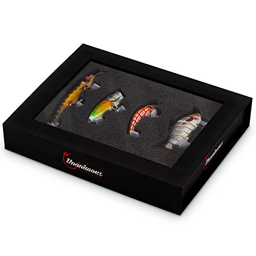 unanimous fishing Bass Lures Kit – 4 Lifelike 3D Fish Baits with BKK Treble Hooks for Saltwater and Freshwater Angling – Includes 1 Jointed Swimbait, 1 Topwater Popper and 2 Crankbaits (Orange)