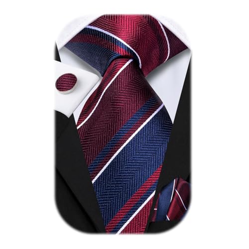 Hi-Tie Mens Wine Red and Blue Striped Extra Long Ties Silk Necktie and Pocket Square Cufflinks Set Men Big and Tall Tie Business