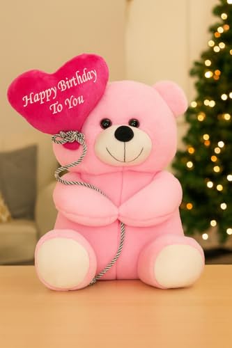 Image of ZEXSAZONE 24 cm, Pink Happy Birthday Teddy Bear Soft Toy - Cute Plush Stuffed Animal with Bow | Huggable Cuddly Toy for Kids, Boys, Girls, Girlfriend & Wife | Birthday Gift