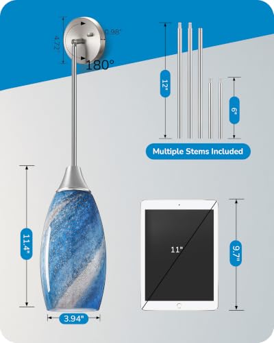 Image of EDISHINE Pendant Light Fixtures, Handcrafted Art Glass Hanging Light with Brushed Nickel Finished, E26 Socket, Adjustable Cord Glass Pendant Light for Kitchen, Bathroom, Hallway, Bar