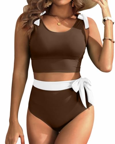 Image of Yonique Two Piece High Waisted Swimsuits Tummy Control Bikini | Full Coverage; Full Lining; Tie shoulder knots to ease ache; Cool airflow via scoop U-back
