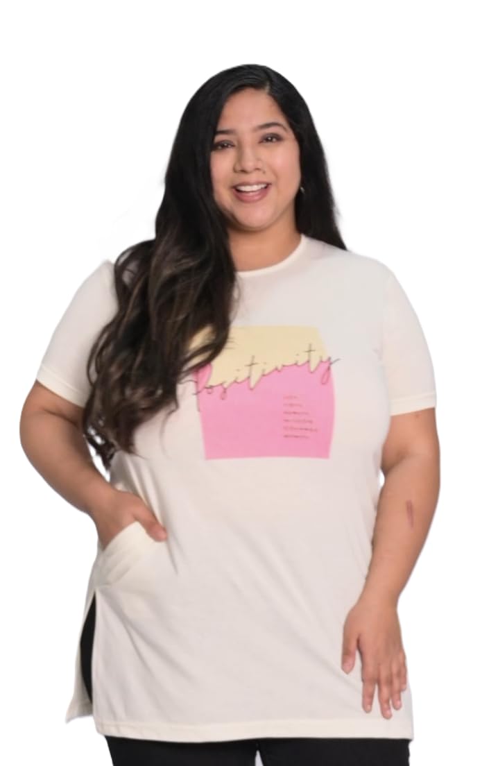 Star Touch Women Chest Print Cotton Tshirt with Side Slits & Pocket| S-7XL