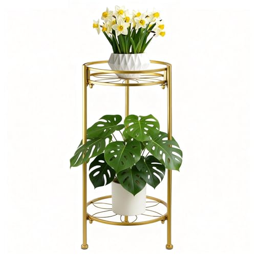 2 Tier Metal Plant Stand Sturdy Heavy Duty Adjustable Two Tier Flower Pot Holder for Indoor Outdoor Small Spaces Balcony Kitchen Living Room Patio - Tall Plant Shelf for Succulents Heavy Pots Potted Herbs Gold