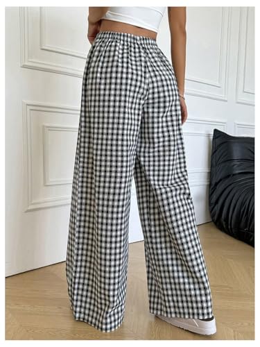 Verdusa Women's Gingham Plaid Wide Leg Pants Streetwear Casual High Rise Baggy Trousers2