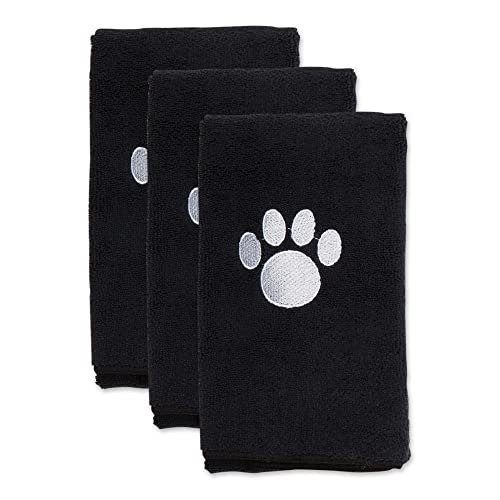 Image of Bone Dry Pet Grooming Towel Collection Embroidered Absorbent Microfiber Drying Set, 15x30, Black, 3 Count