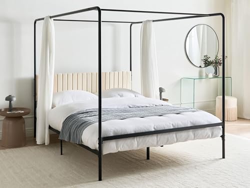 Beliani Metallbett Himmelbett schwarz mit Polsterkopfteil beige Metallrost 160x200 cm Mirabeau – Bild 3