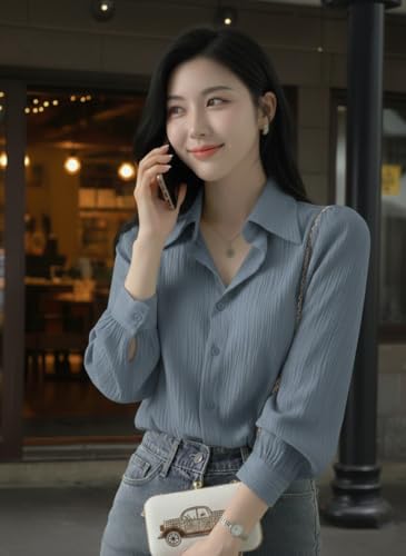 Image of Women's Button-Down Shirt Blouse with Long Sleeves