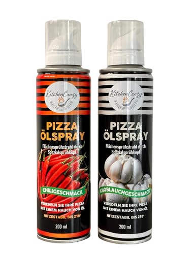 KitchenCrazy Ölspray Set Chili & Knoblauch – 2 x 200ml Rapsöl – für Heißluftfritteuse, Airfryer, Grill & Pfanne – kalorienarm kochen & braten, auch für Pizza und Salat, SALE !!!