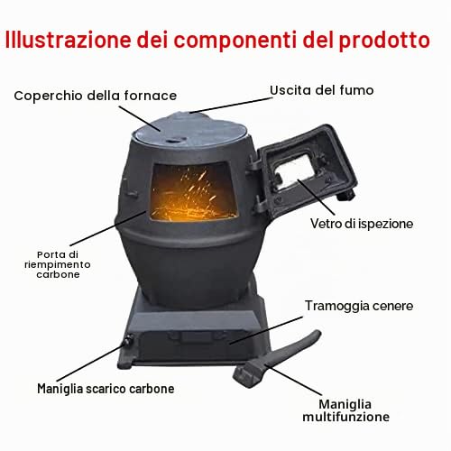 Stufa a legna multifunzionale in ghisa per cucinare e riscaldare, ideale per aree rurali e uso multicombustibile