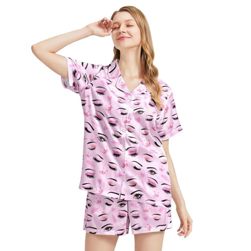 Image of Funny Satin Pajamas Set for Women Button Down Sleepwear Print Pjs Set 2 Piece Short Sleeve Loungewear Gift for Women