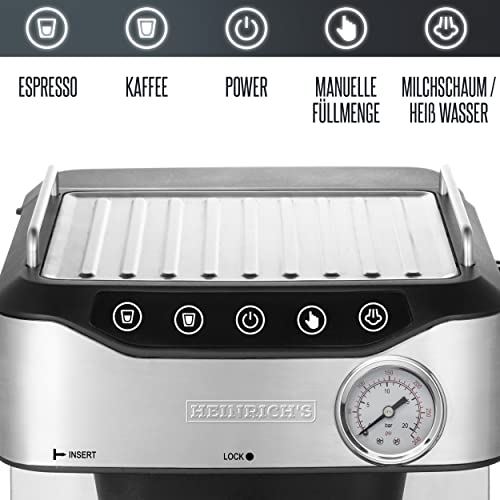 HEINRICHS Espressomaschine, Barista Siebträgermaschine mit 850W, 20 Bar Druck, Kaffeemaschine mit Milchaufschäumerstab, Doppelauslauf, abnehmbares Tropfgitter, 1.6Liter Wassertank, LED-Touch-Display – Bild 6