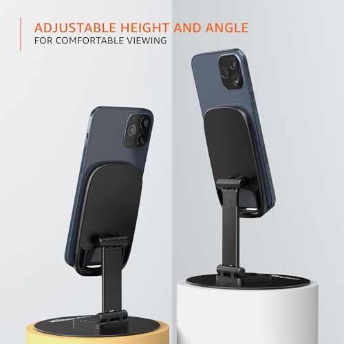 Image of amazon basics Rotatable and Foldable Tabletop Mobile Stand with Stable Metalic Round Base, Multiple adjustments of Height and Angle Phone Stand, for Smartphones