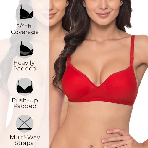 Image of Komli - Heavily Padded Push-Up Bra - Cotton Rich - Balconette - 3 /4th Coverage, Seamless, Wireless, Multiway Straps - T-Shirt Bra (Pack of 2)