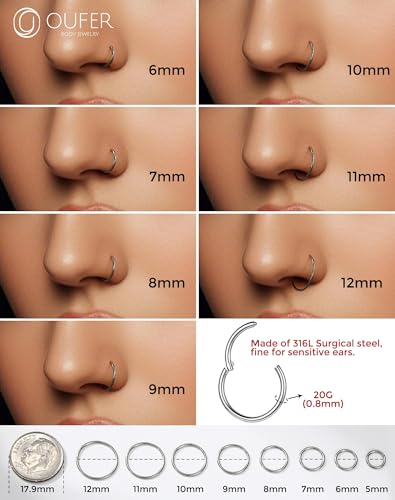 OUFER 20G Nasenring Chirurgenstahl 316L Nasenpiercing Ring 8 mm Piercing Nase Hoop Silber Nostril Nasenstecker Ohrpiercing Helix Daith Conch Frauen