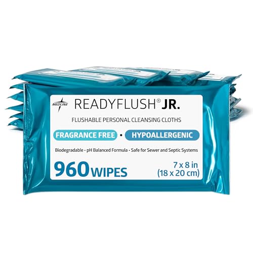 Medline ReadyFlush JR Flushable Wipes, 960 Wipes (40 Wipes, 24 Packs), Travel-Sized, Unscented, Biodegradable Wet Wipes with Aloe, Hypoallergenic & pH-Balanced Personal Cleansing Cloths, 7x8 inch Wipe