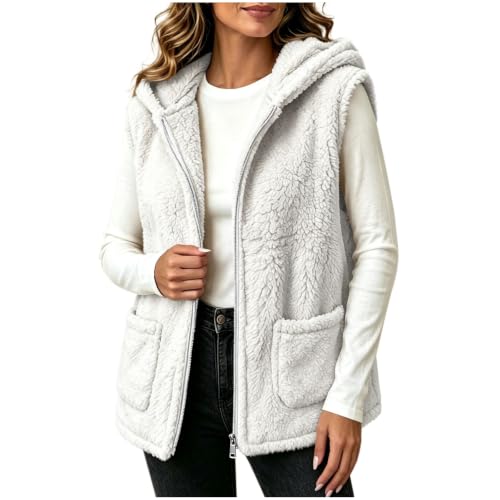 Womens Fuzzy Fleece Vest Hooded Full Zip Sleeveless Jacket with Pockets - image 5