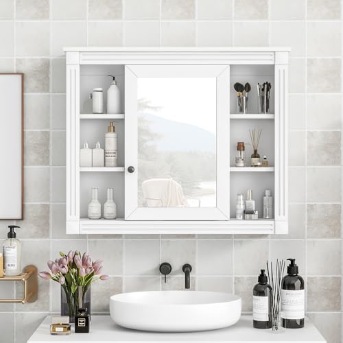 LUMISOL Modern Wall-Mounted Bathroom Storage Cabinet with Mirror Doors, 6 Open Shelves & Medicine Cabinet, Stylish and Functional Bathroom Organization Solution, White
