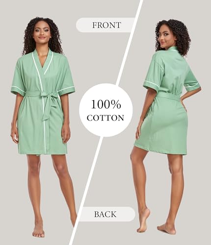 Image of ANLIQI Womens 100% Cotton Robes Lightweight Summer Short Sleeve Lady Bathrobe Knee Length Kimono Robe Sleepwear with Pockets