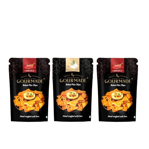 Image of Gourmade Soulful Snacking Pita Chips Snacking Combo, 375g | 2 x Chipotle and 1 x Roasted Garlic (125gms ecah - Pack of 3) | Baked Bar Party Snacks | Dip Starter | Nachos & Tortillas