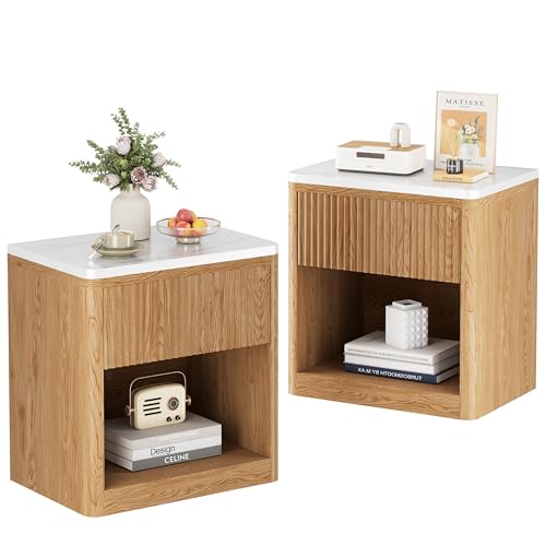 Yusong Night Stand Set of 2, Wood Fluted Nightstand, 22" Large Be...