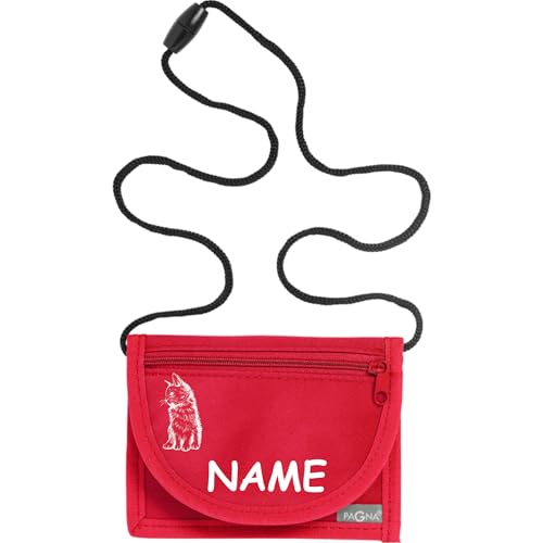 Kiwistar - Brustbeutel rot - Katze - 13 x 10 cm Geldbeutel zum umhängen - Geldbörse für Jungen & Mädchen mit Namen individuell personalisiert