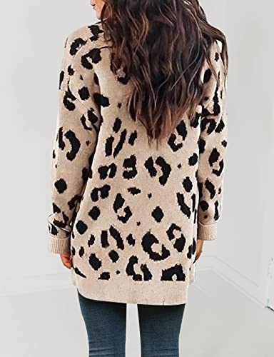 Zesica Women's Long Sleeves Open Front Leopard Print Knitted Sweater Cardigan Coat Outwear,A Beige,Large #TOP1