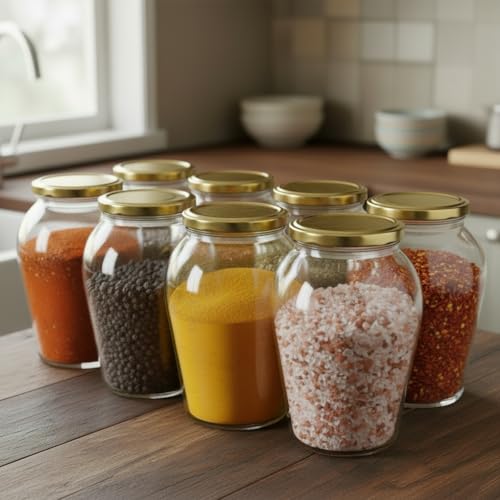 Image of ginoya brothers 1 Liter Matka Shape Glass Jar and Glass Container for Kitchen with Air Tight Lid-Pack Of 8