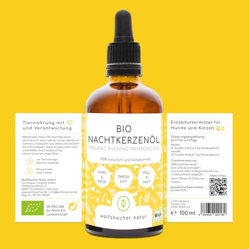 Bio Nachtkerzenöl für Hunde und Katzen, 100ml kaltgepresstes Fellöl 100% Bio aus Deutschland - reich an Omega 3 & 6, Barf Öl, DE-ÖKO-060