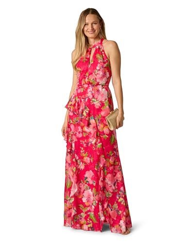 Image of Adrianna Papell Women's Printed Mermaid Dress | Long Floral Halter Top Dress with Ruffled Skirt Detail & Side Slit
